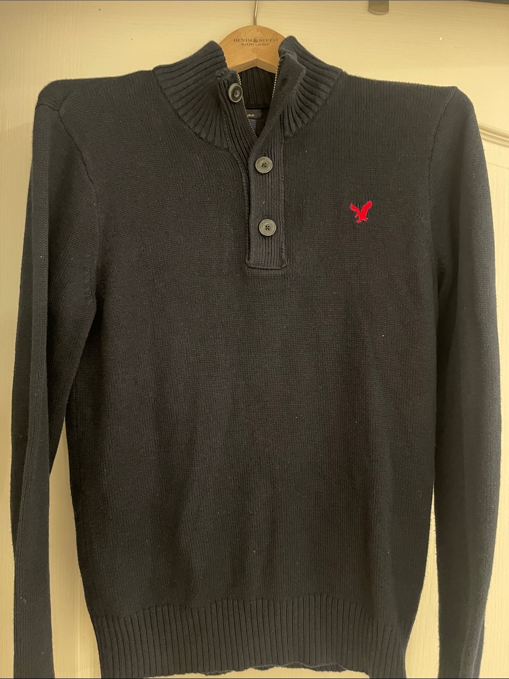 American Eagle Outfitters Navy Crewneck Half-Button Sweater with Red Logo